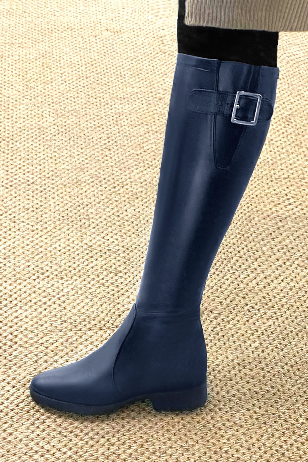 Navy blue women's knee-high boots with buckles. Round toe. Flat rubber soles. Made to measure. Worn view - Florence KOOIJMAN